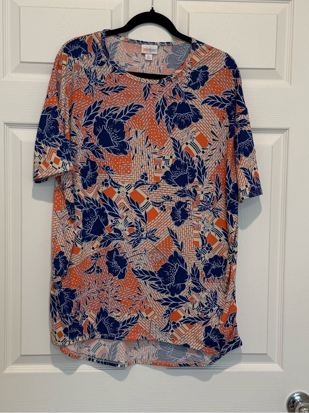 LuLaRoe Irma Floral Print Short-Sleeve Women's Top in Orange and Navy